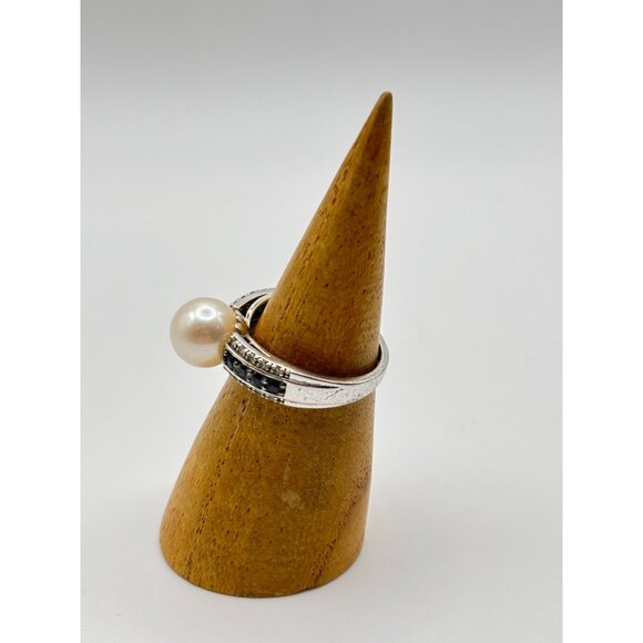 White Cultured Japanese Akoya Pearl & Blue Diamond Sterling Silver Ring - Picture 13 of 14